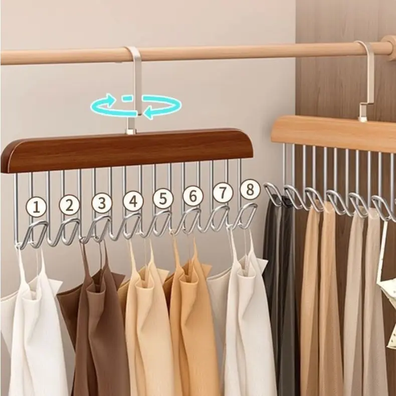 Lazer Wooden Hanger for Clothes Hanging, Hangers for Wardrobe and Cupboard, 8 Hook Adjustable Clothes Hanger for Lingerie, Belt, Scarf, Tie, Garments and Accessories (Pack of 1)