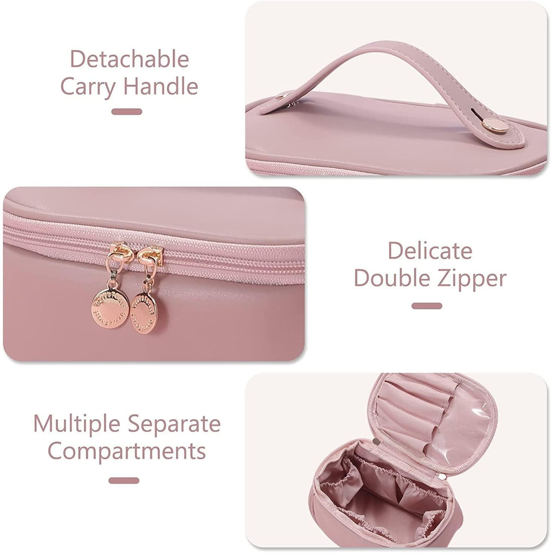 Lazer Portable Travel Makeup Organizer for Women & Girls – Large Capacity PU Leather Cosmetic Storage Bag with Handle, Adjustable Dividers & Brush Compartments, Stylish Toiletry Case (Pink)