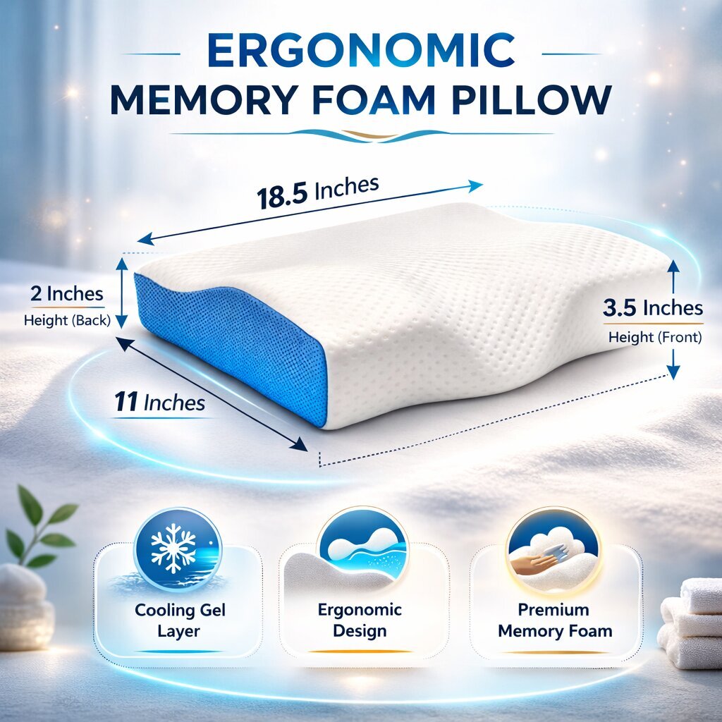 Lazer Memory Foam Cervical Neck Pillow – Orthopedic Contour Design for Neck Pain Relief & Spinal Alignment | 19x11x3.5 Inch | White Jacquard Cover