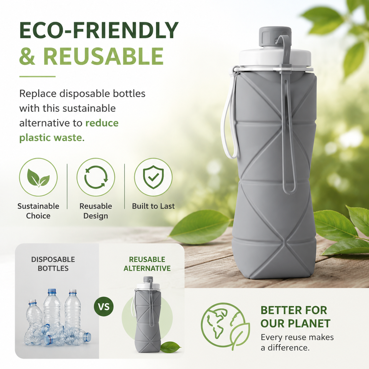 Lazer Silicone Foldable Travel Water Bottle 600ml – BPA-Free, Leakproof & Reusable for Hiking, Camping, Cycling, Yoga & Outdoor Sports (Grey)
