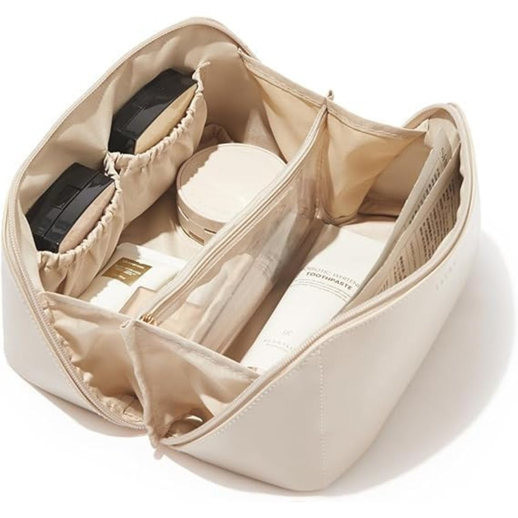 Lazer Travel Cosmetic Makeup Pouches for Women Travel Organizer Bag Portable Pouch Open Flat Toiletry Bag Make Up Organizer with Divider and Handle (White)