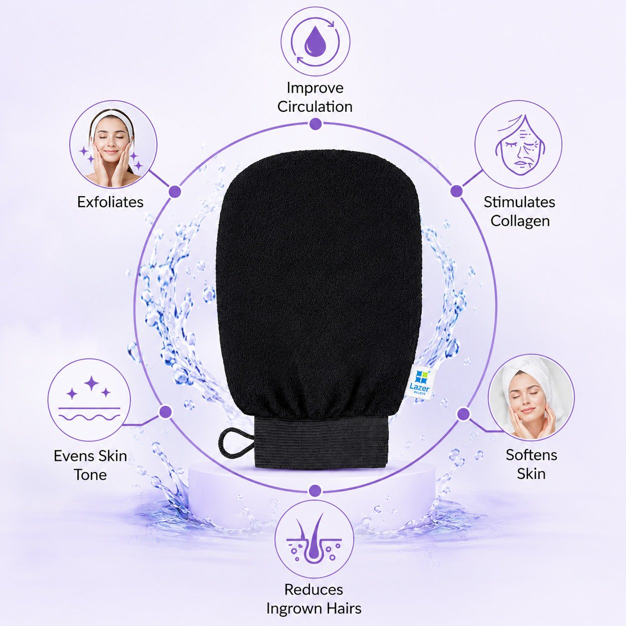 Lazer Exfoliating Body Scrub Gloves, Loofah for Men and Women, Gentle On Skin, Easy To Use, Removes Dead Skin, Blackheads, Impurities, Sustainable Hand Bathing Gloves (Black)