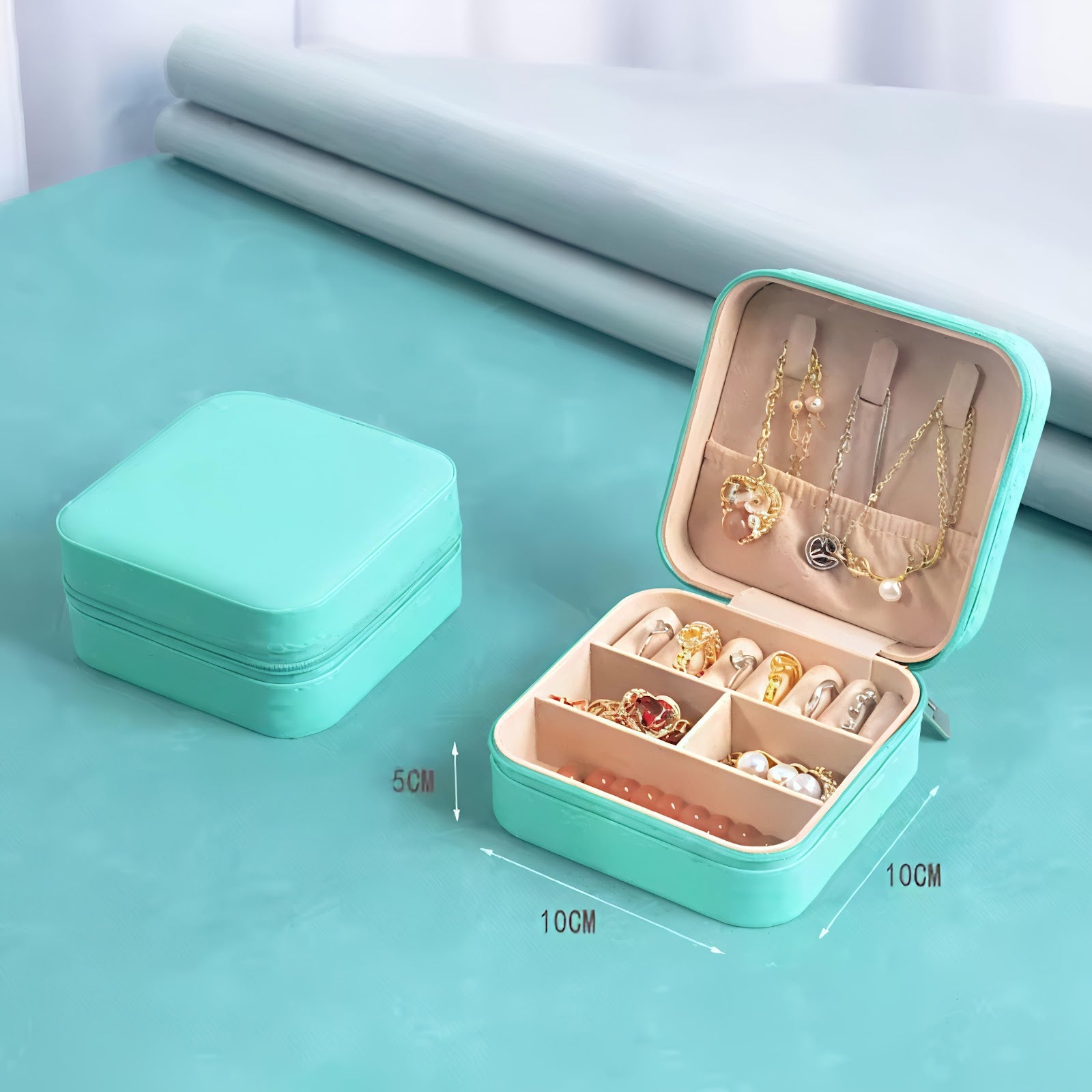 Lazer Jewellery Organiser PU Leather Zipper Square Portable Mini Square Storage Box Case with Dividers Container for Rings, Earrings, Necklace Home Organizer