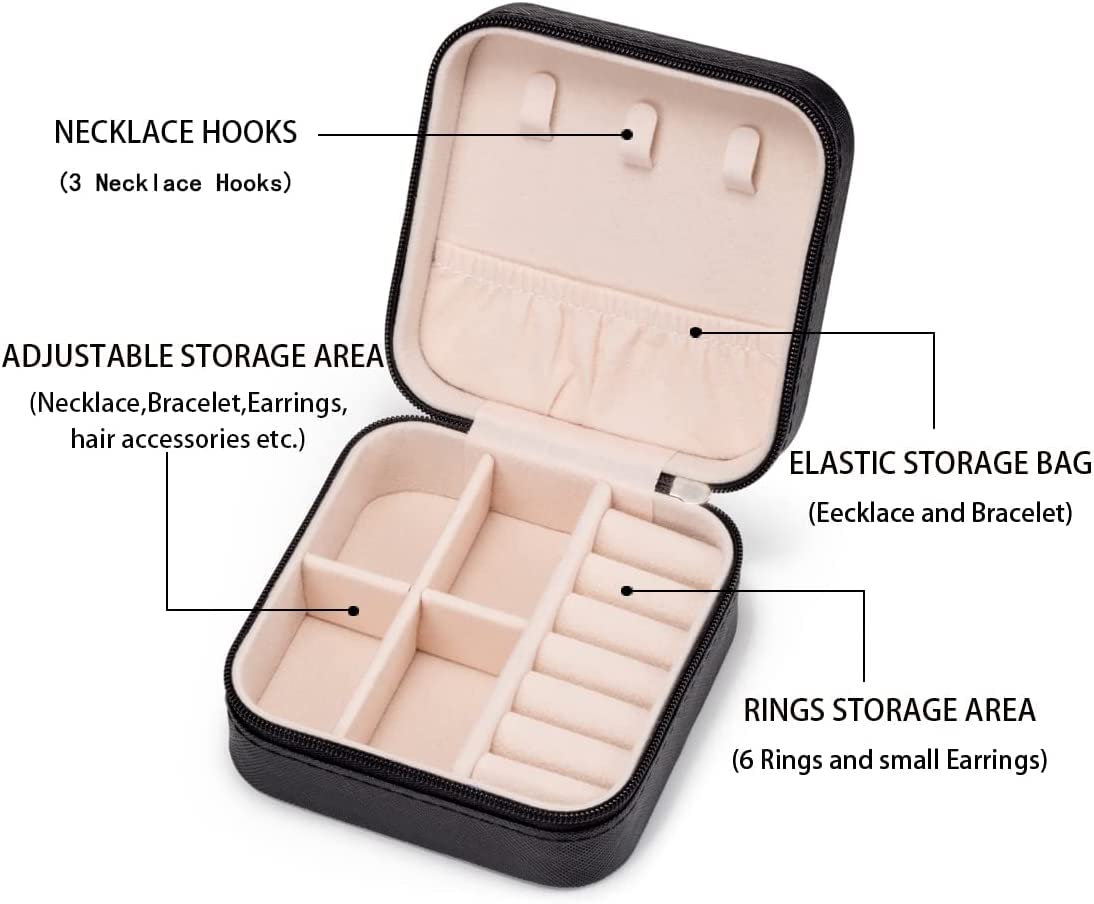 Lazer Jewellery Organiser PU Leather Zipper Square Portable Mini Square Storage Box Case with Dividers Container for Rings, Earrings, Necklace Home Organizer