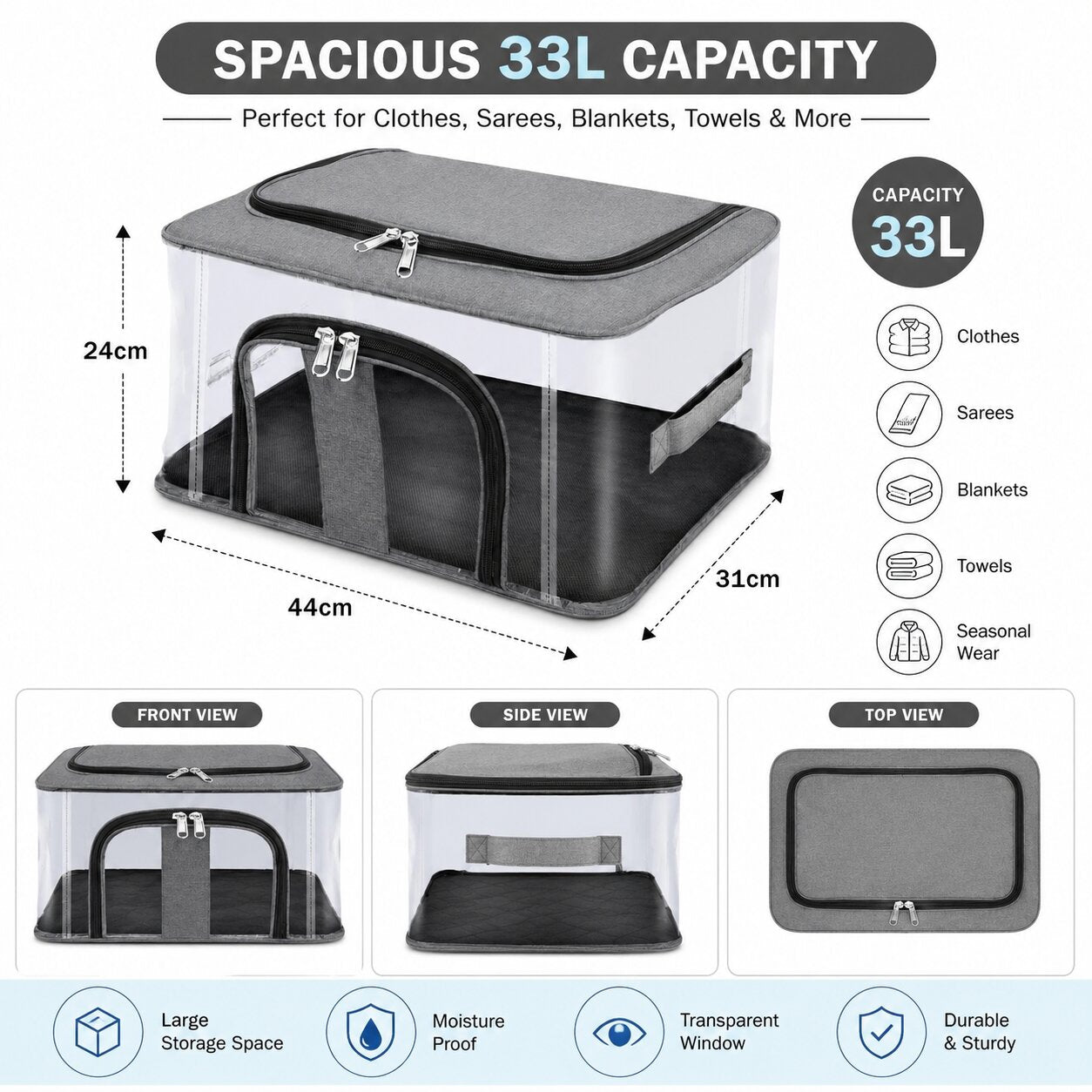 Lazer Pack of 2 Clothes Storage Bags – 33L Nylon Wardrobe Organizer with Transparent PVC Window, Moisture Proof Saree & Clothes Storage Box with Carry Handle (Grey, 44 x 31 x 24 cm)