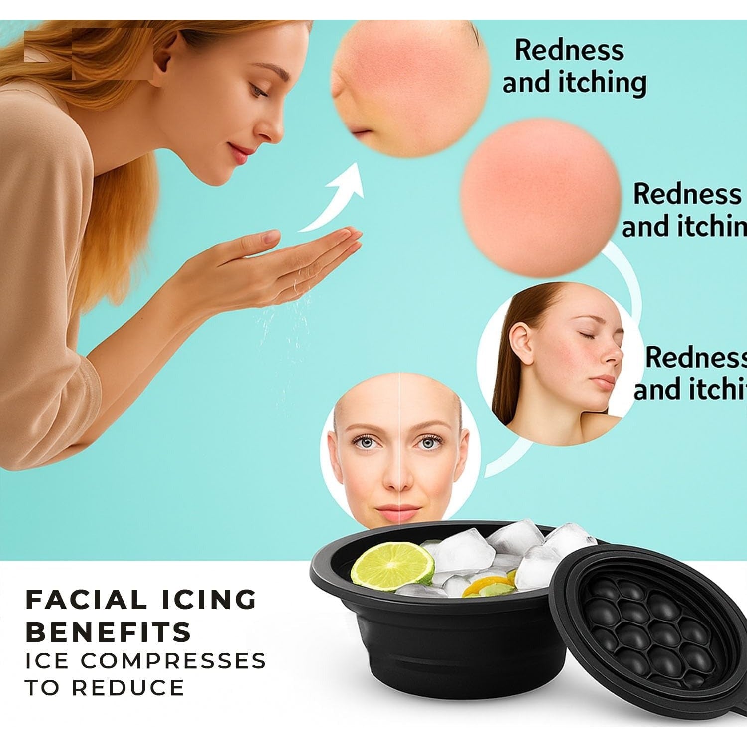 Lazer Silicone Collapsible Face Bowl with Ice Tray, BPA-Free Round Face Bath Bowl for Skincare, Soaking & Washing, Dishwasher Safe (Black, Pack of 1)