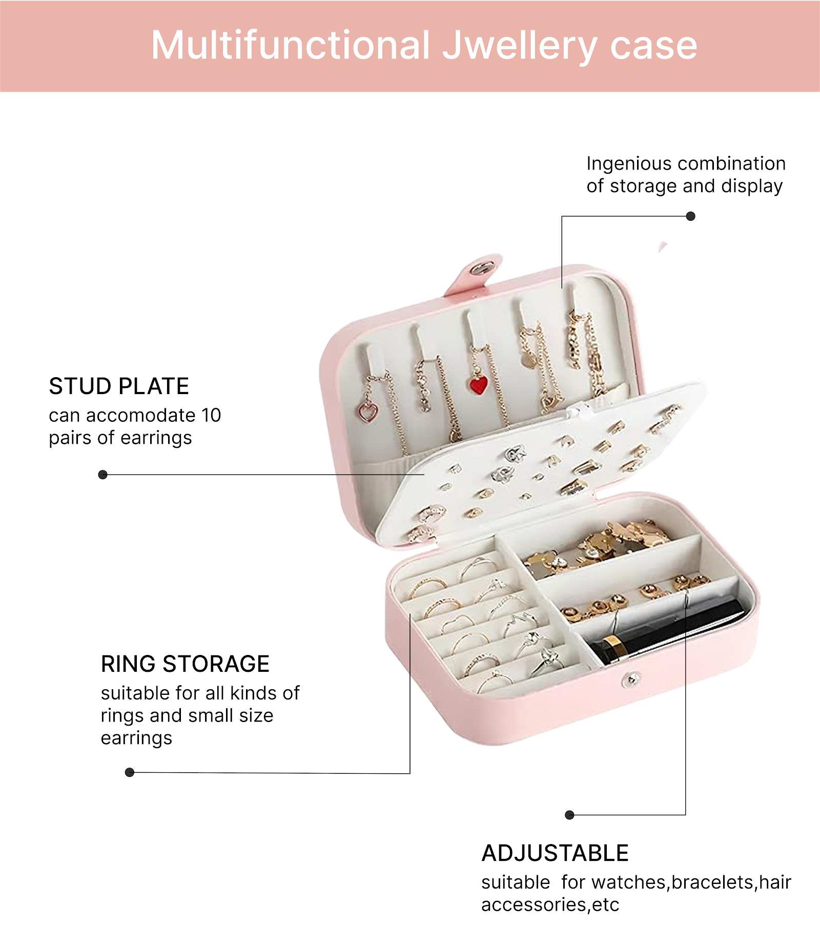 Lazer Jewellery Organiser PU Leather Zipper Portable Storage Box Case with Dividers Container for Rings, Earrings, Necklace Home Organizer