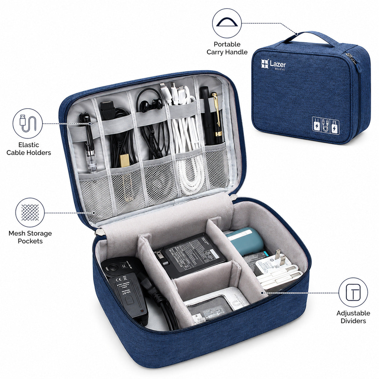 Lazer Polyester Electronics Accessories Organizer Bag, Universal Carry Travel Gadget Bag For Cables, Plug And More, Perfect Size Fits For Pad Phone Charger Hard Disk - Blue