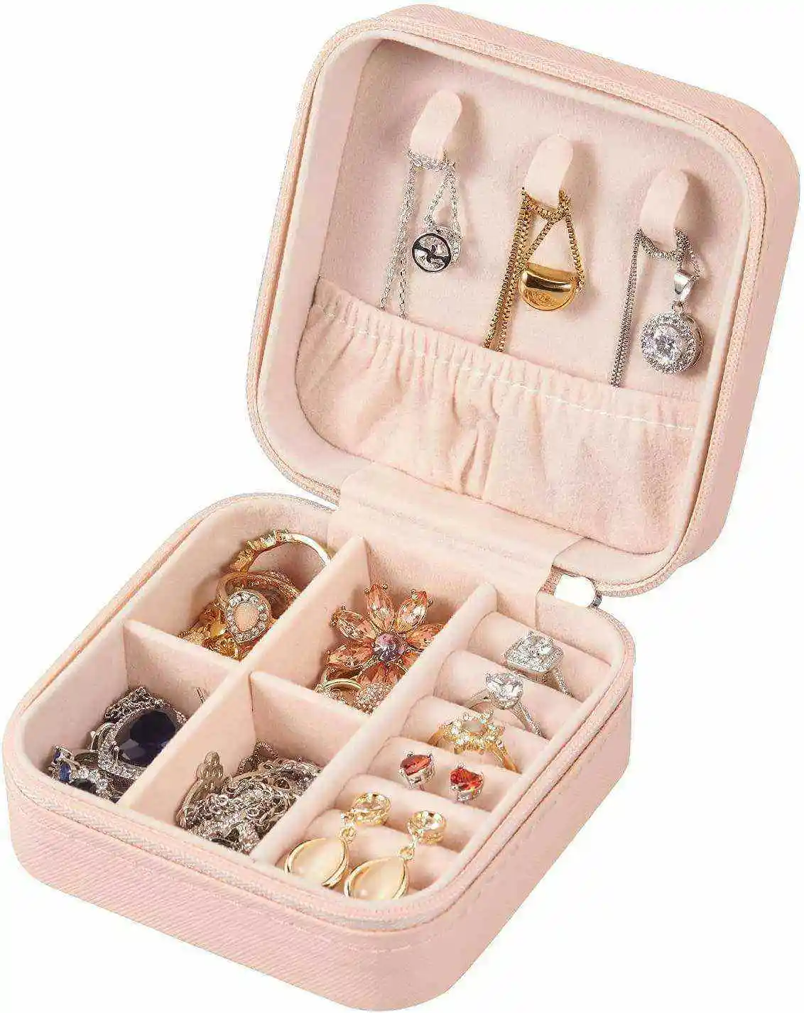 Lazer Jewellery Organiser PU Leather Zipper Square Portable Mini Square Storage Box Case with Dividers Container for Rings, Earrings, Necklace Home Organizer