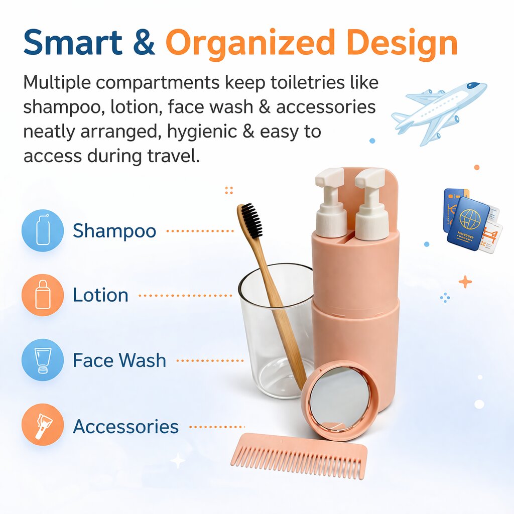 Lazer 7 in 1 Travel Kit for Toiletries, Compact Travel Essentials Set with Bottles, Toothbrush Holder & Leakproof Dispensers for Men & Women (Peach)