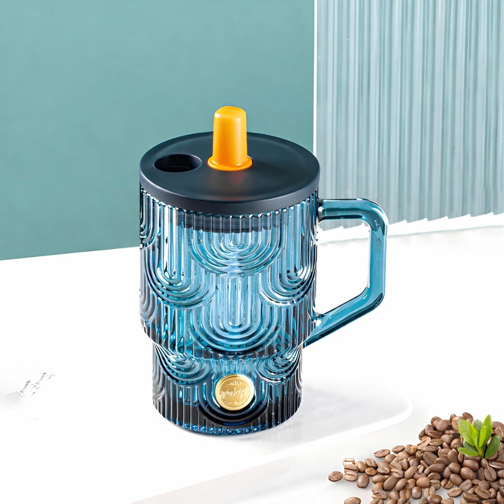 Lazer Reusable Glass Tumbler with Lid & Straw, 440ml Multipurpose Drinking Glass Travel Coffee Sipper Mug for Juice, Smoothies, Iced Tea & Cold Beverages, Dark Blue