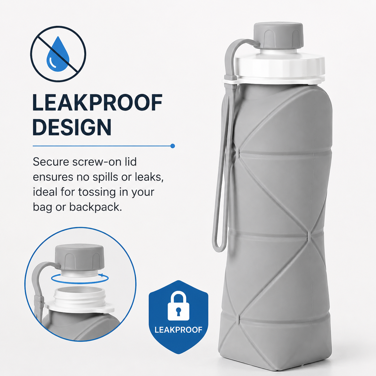 Lazer Silicone Foldable Travel Water Bottle 600ml – BPA-Free, Leakproof & Reusable for Hiking, Camping, Cycling, Yoga & Outdoor Sports (Grey)