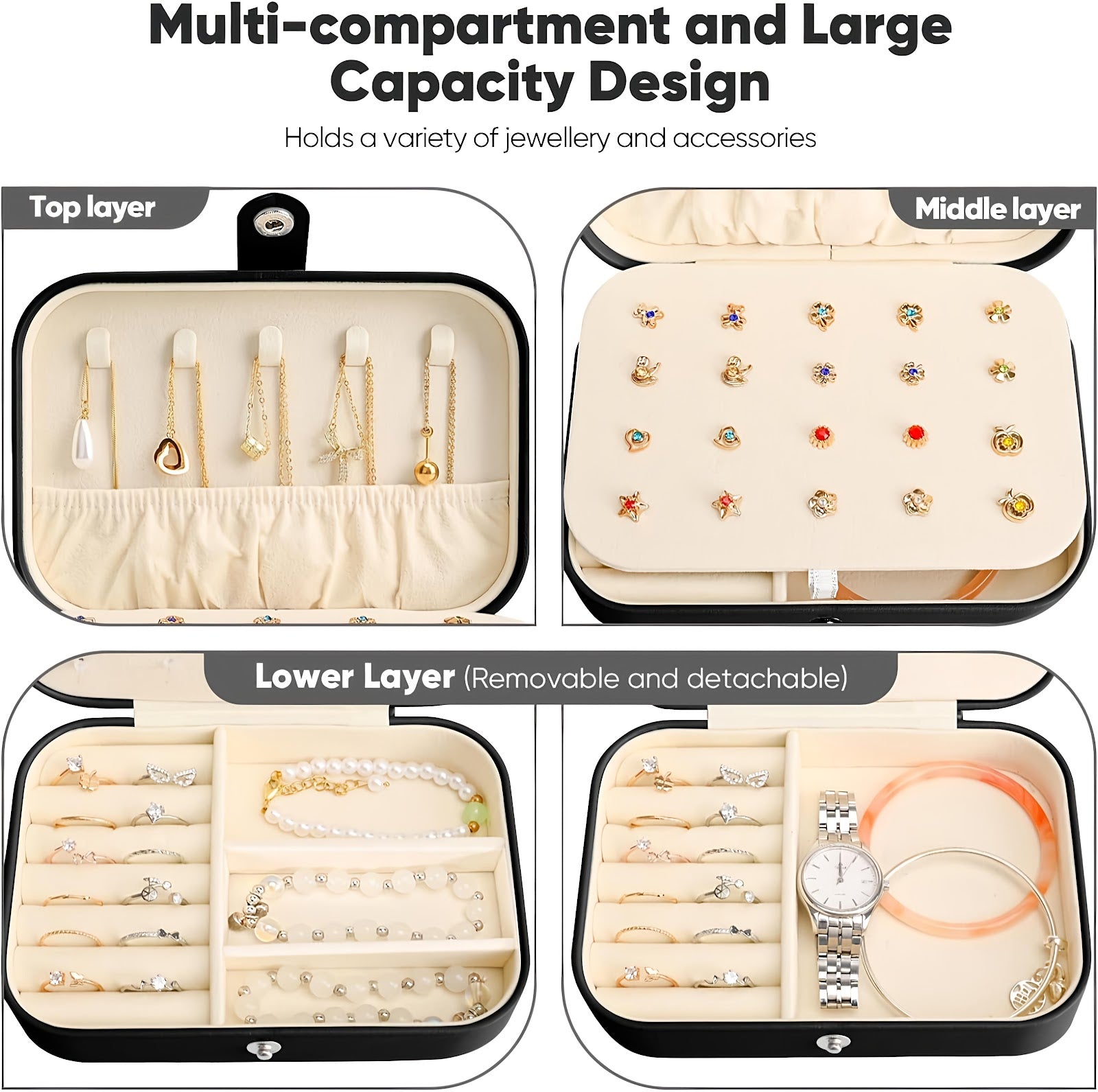 Lazer Jewellery Organiser PU Leather Zipper Portable Storage Box Case with Dividers Container for Rings, Earrings, Necklace Home Organizer