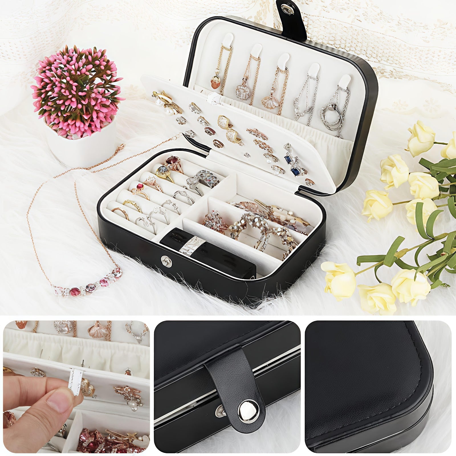 Lazer Jewellery Organiser PU Leather Zipper Portable Storage Box Case with Dividers Container for Rings, Earrings, Necklace Home Organizer