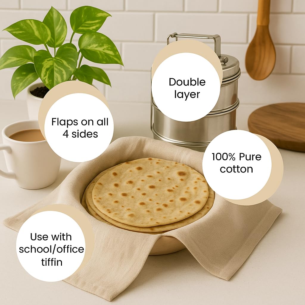 Lazer Double Layer Roti Wrap – Pack of 3 Premium Cotton Chapati Covers with Flaps, Soft & Durable Cotton Seed Fabric for Roti, Paratha, Phulka, Hot Case Kitchen Use