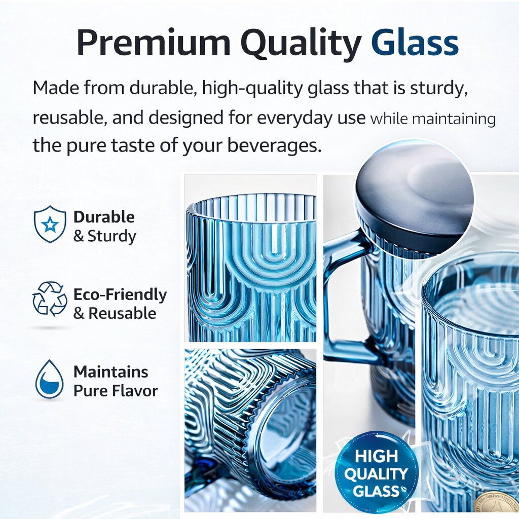 Lazer Reusable Glass Tumbler with Lid & Straw, 440ml Multipurpose Drinking Glass Travel Coffee Sipper Mug for Juice, Smoothies, Iced Tea & Cold Beverages, Dark Blue