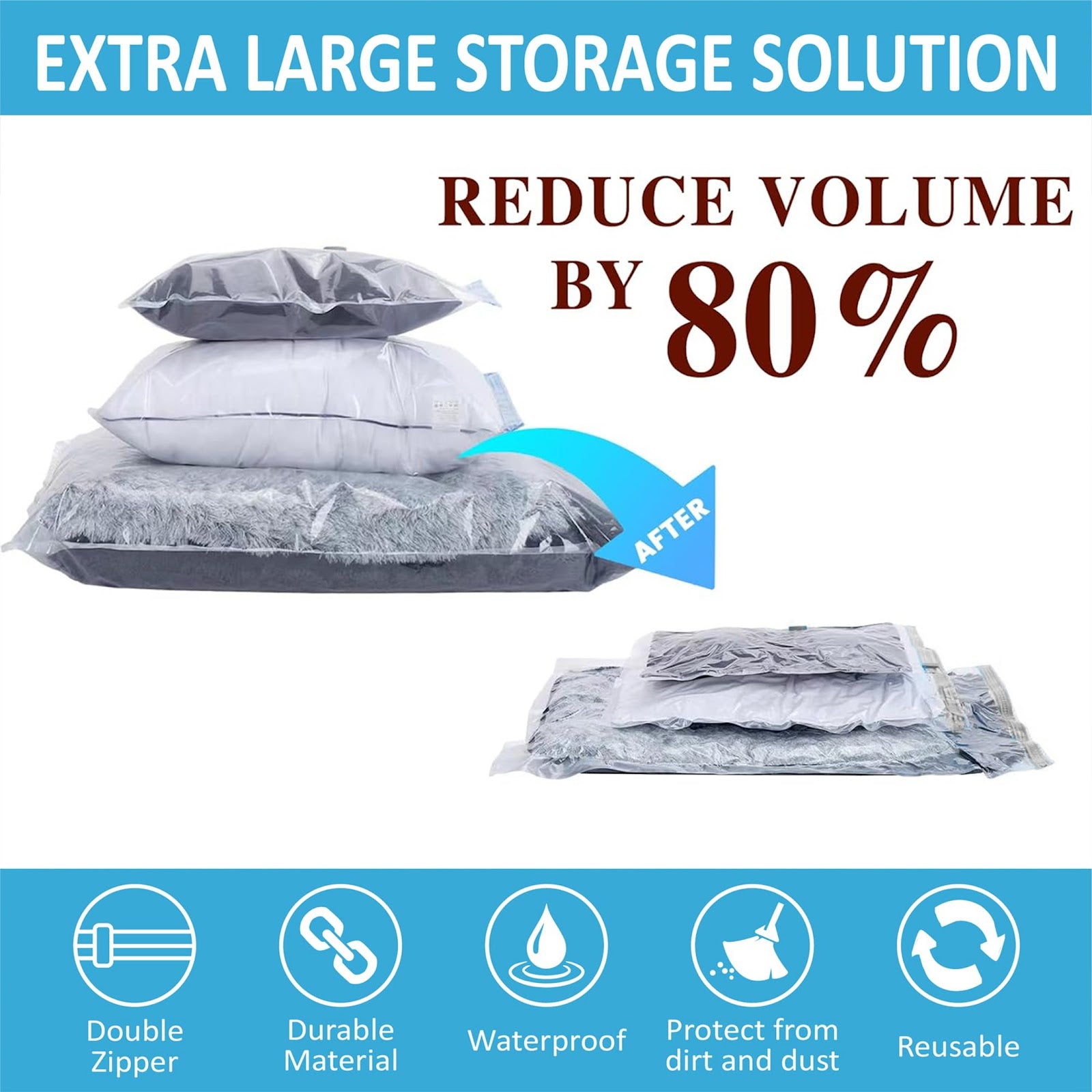 Lazer 5 Pack Space Saver Reusable Vacuum Bags for Travel with Hand Pump (1 Large/2 Medium/2 Small) Polyethylene Airtight Compression Storage for Packing Vaccine Sealer Bag with Ziplock - Transparent