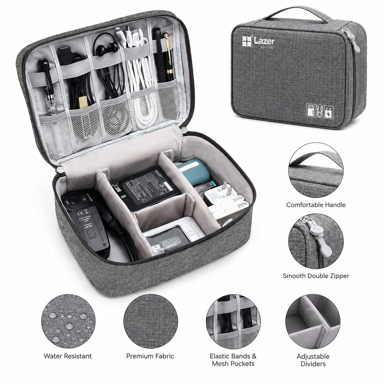 Lazer Polyester Electronics Accessories Organizer Bag, Universal Carry Travel Gadget Bag For Cables, Plug And More, Perfect Size Fits For Pad Phone Charger Hard Disk - Grey