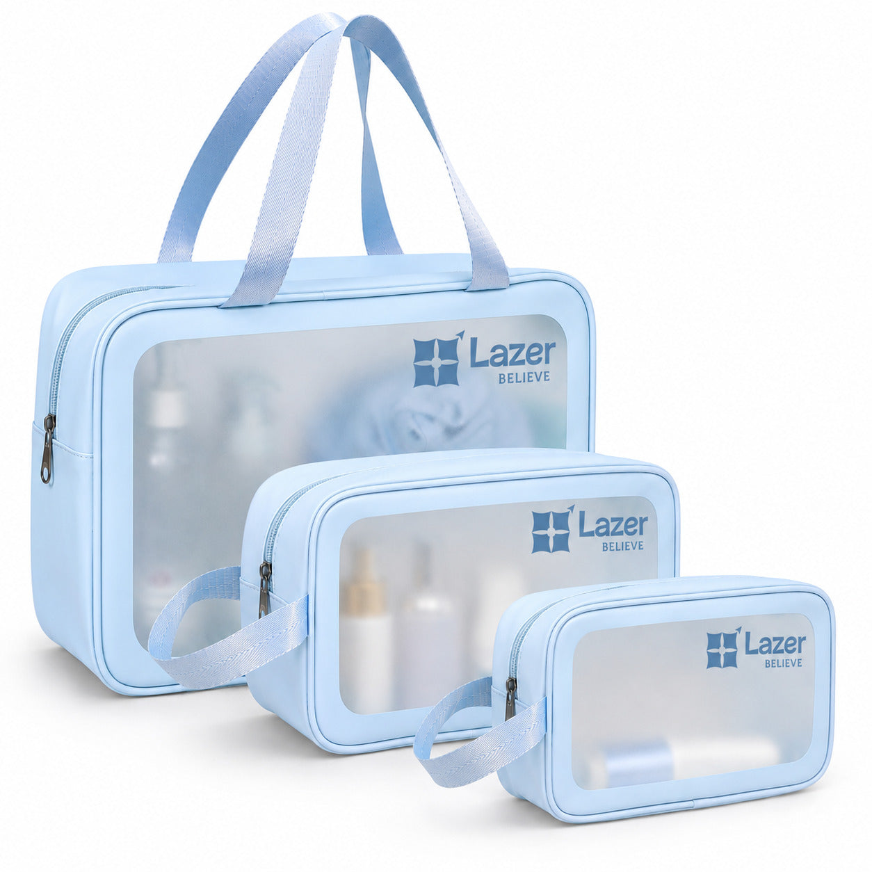 Lazer Makeup Travel Pouch, Cosmetic Bag, Travel kit Pouch for Toiletries, Brushes and Cosmetics - Set of 3 - Washbag Pouch - Blue