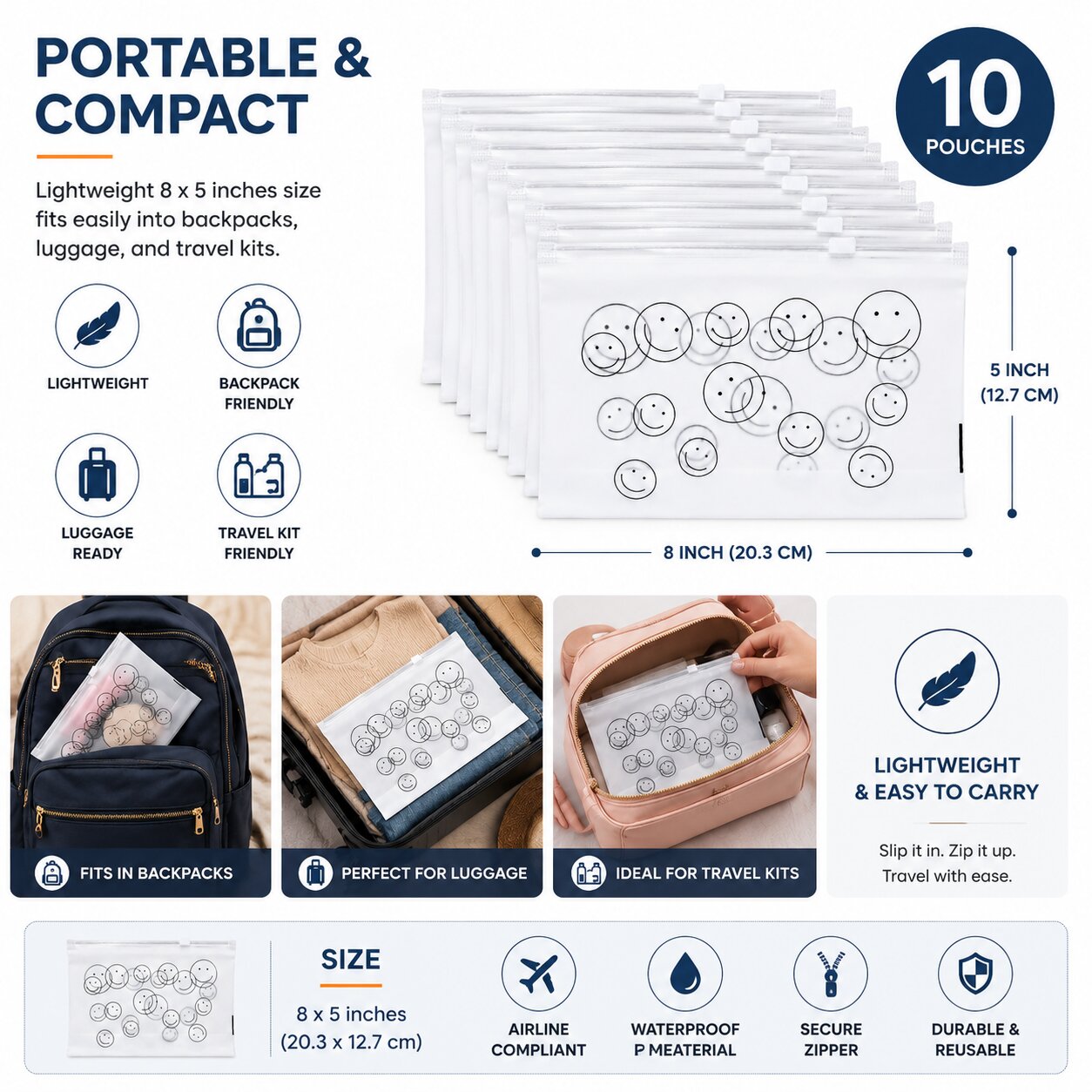 Lazer Pack of 10 Frosted Makeup Bags – Clear Cosmetic Travel Pouches with Zippers, Portable, Waterproof, Airline Compliant PE Bags for Women & Men, 8*5 Inches