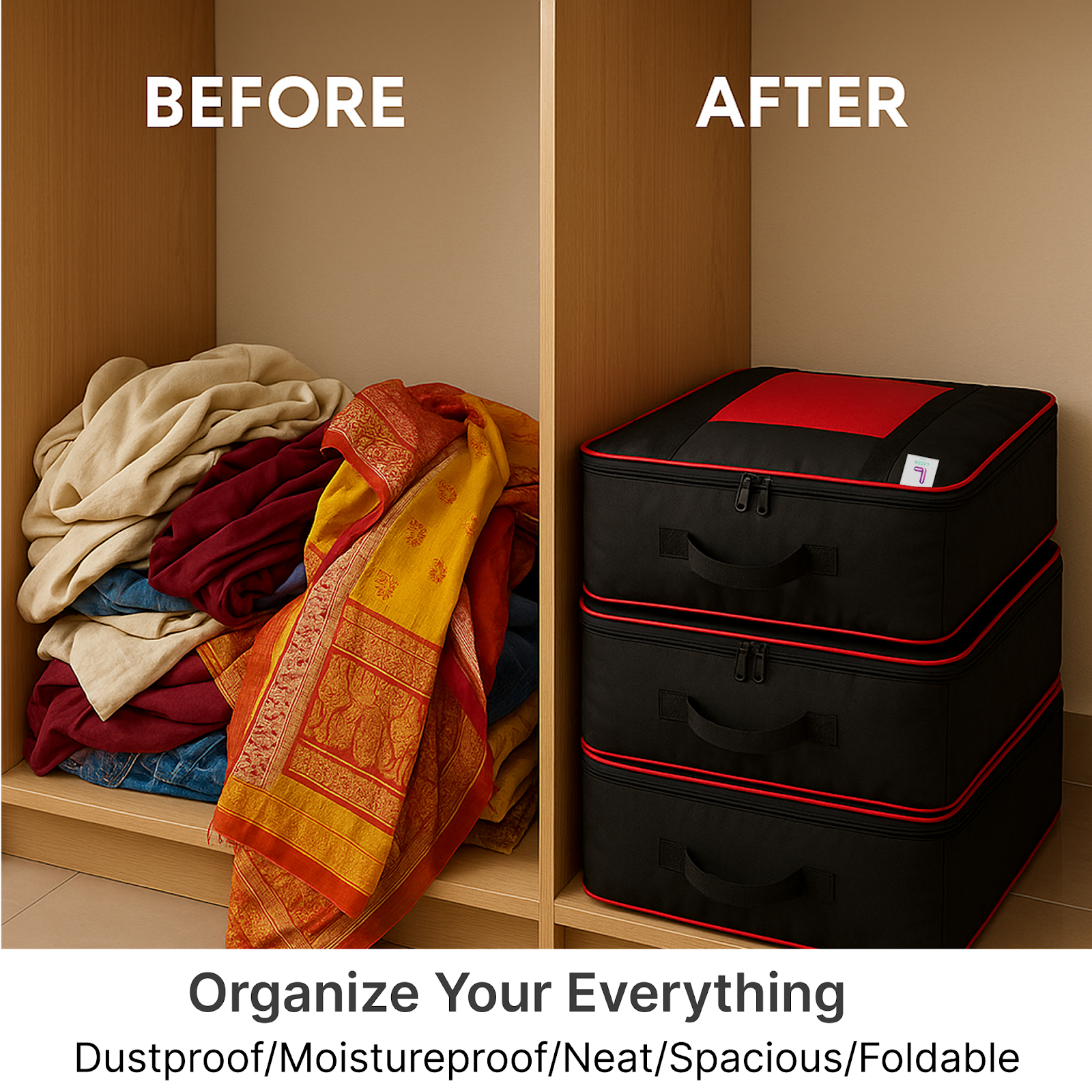 Lazer Pack of 2 Large Moisture Proof Nylon Large Size Organizer with Zippered Closure Underbed Storage Bags For Clothes (54 x 46 x 28 cm)