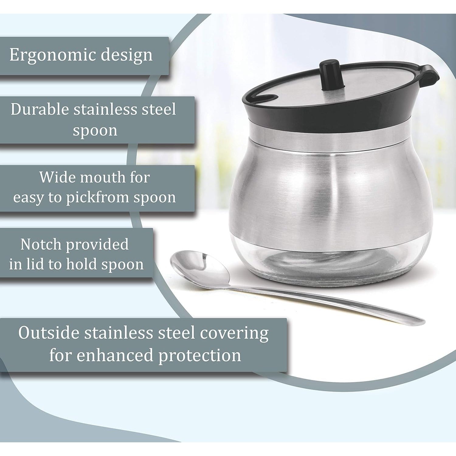 Lazer Glass & Stainless Steel Storage Jar with Spoon, 270 ml | Airtight Wide Mouth Container for Ghee, Sugar, Oil & Pickle | Kitchen Storage