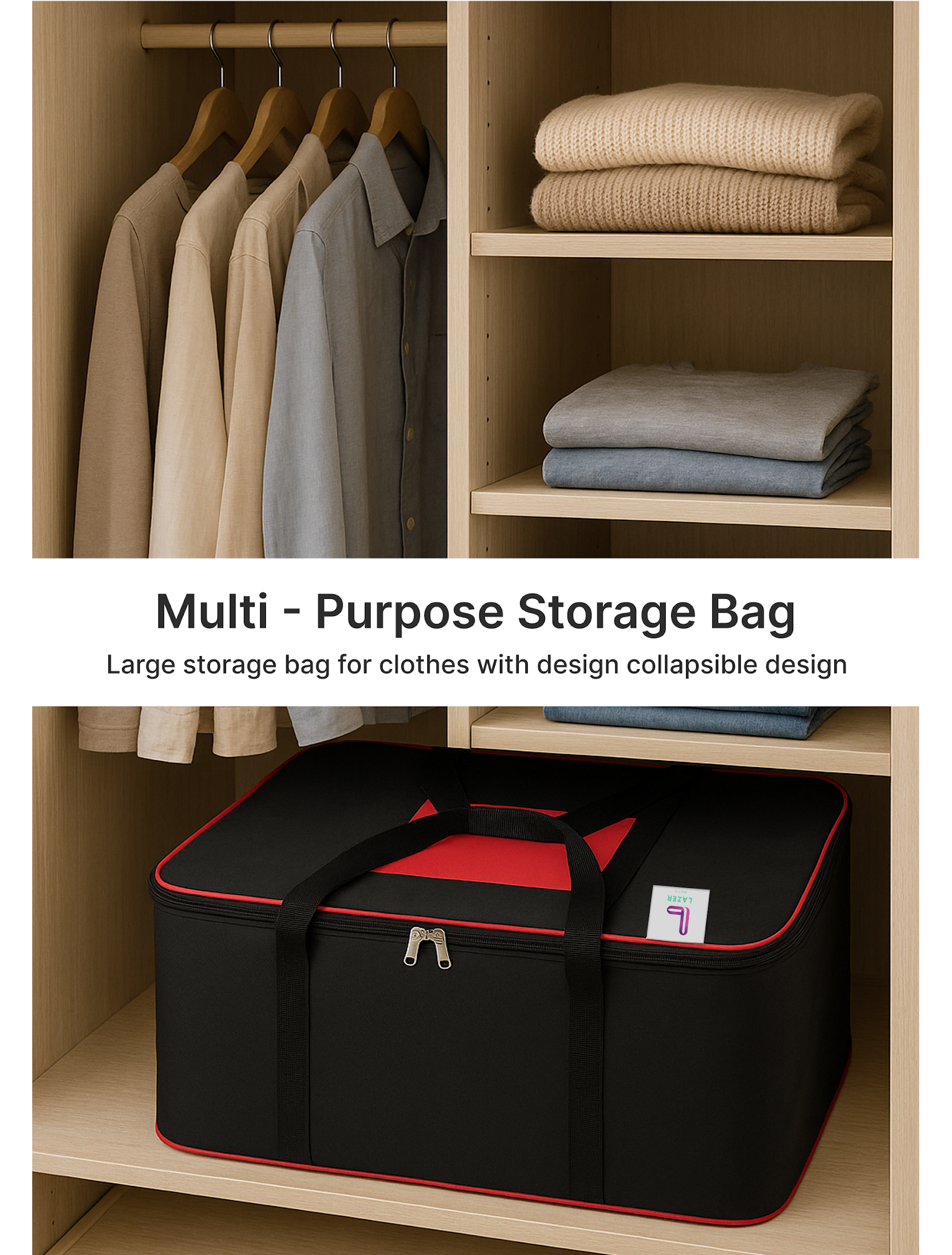 Lazer Pack of 10 Large Moisture Proof Nylon Large Size Organizer with Zippered Closure Underbed Storage Bags For Clothes (54 x 46 x 28 cm)