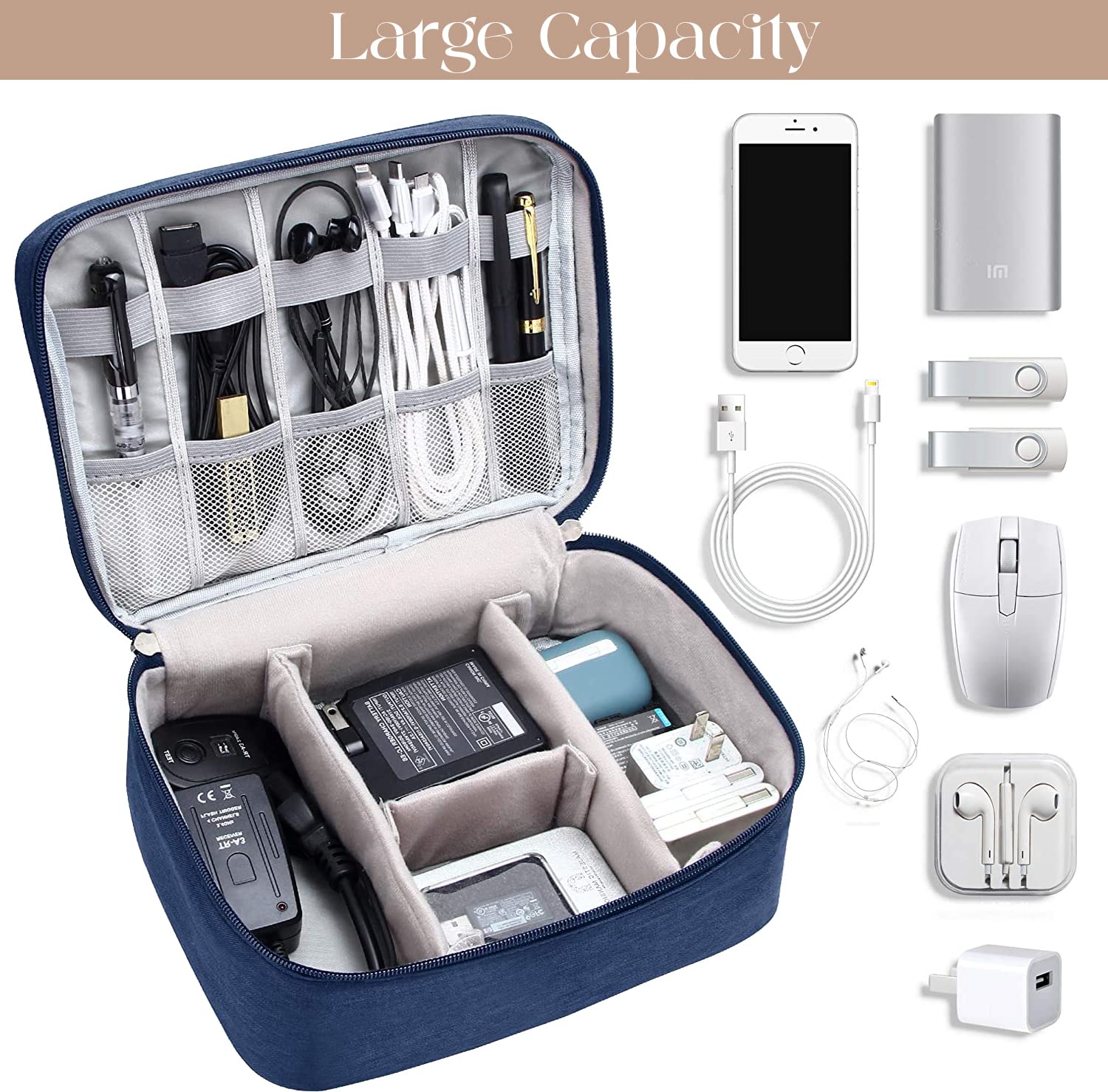Lazer Polyester Electronics Accessories Organizer Bag, Universal Carry Travel Gadget Bag For Cables, Plug And More, Perfect Size Fits For Pad Phone Charger Hard Disk - Blue
