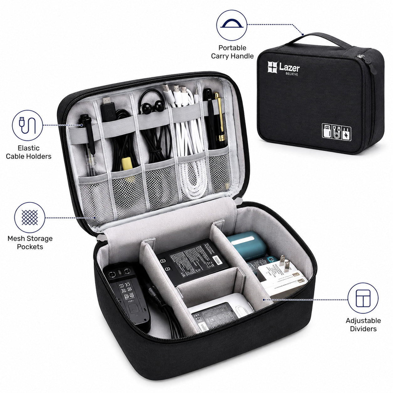Lazer Polyester Electronics Accessories Organizer Bag, Universal Carry Travel Gadget Bag For Cables, Plug And More, Perfect Size Fits For Pad Phone Charger Hard Disk - Black