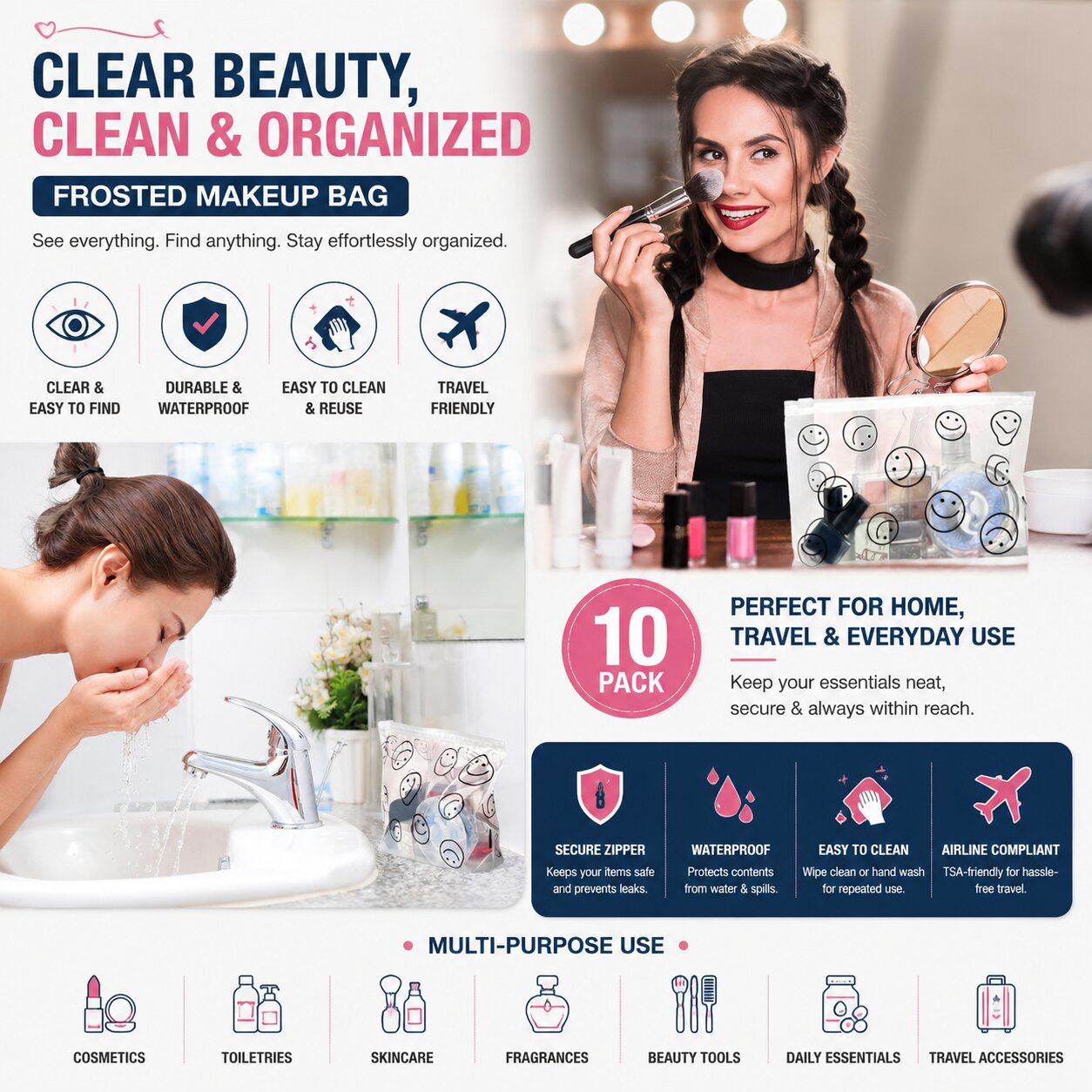 Lazer Pack of 10 Frosted Makeup Bags – Clear Cosmetic Travel Pouches with Zippers, Portable, Waterproof, Airline Compliant PE Bags for Women & Men, 8*5 Inches