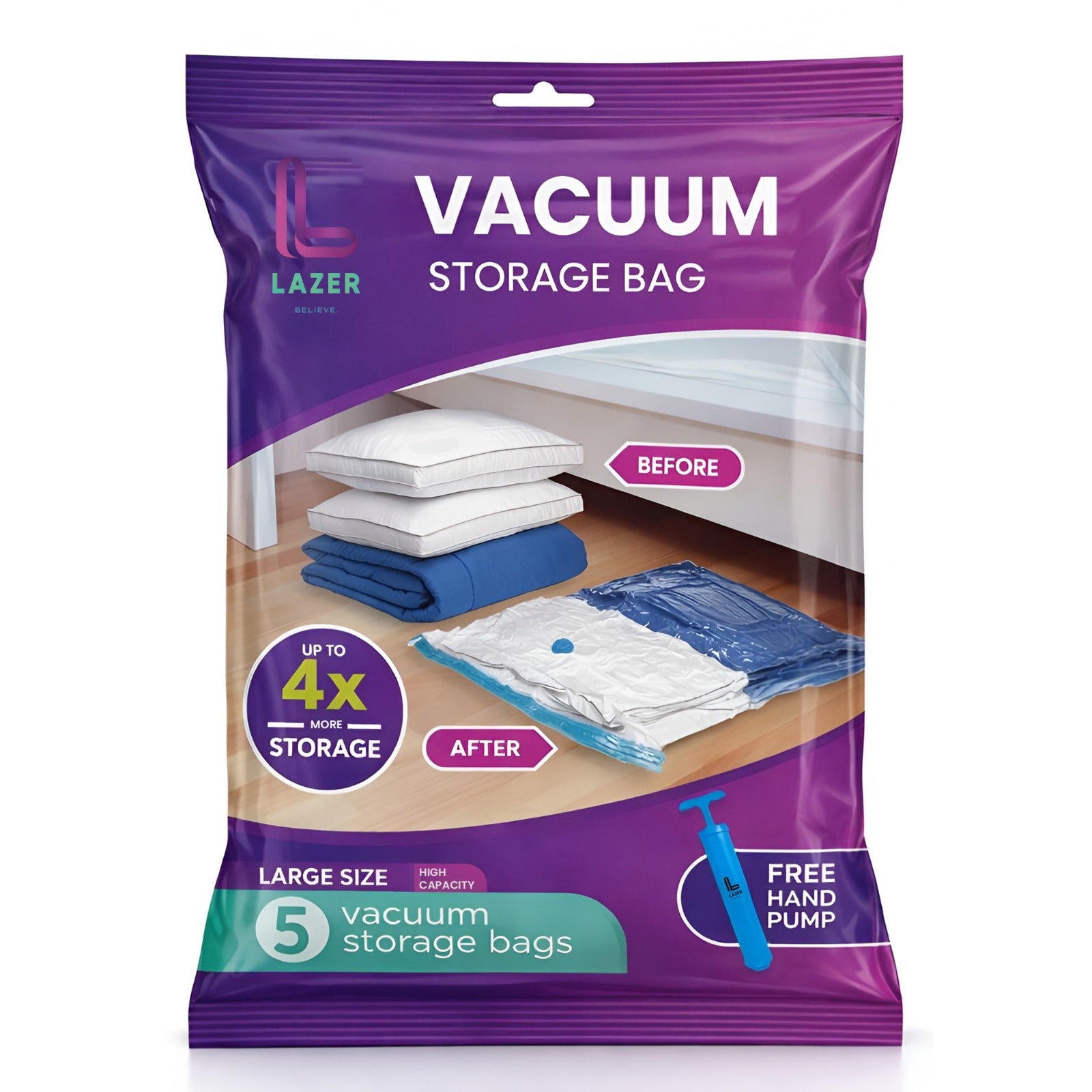 Lazer 5 Pack Space Saver Reusable Vacuum Bags for Travel with Hand Pump (1 Large/2 Medium/2 Small) Polyethylene Airtight Compression Storage for Packing Vaccine Sealer Bag with Ziplock - Transparent