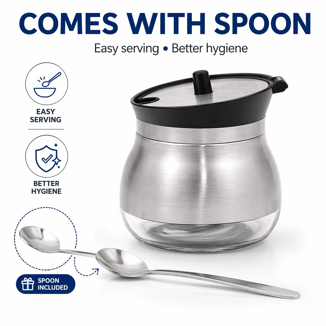 Lazer Glass & Stainless Steel Storage Jar with Spoon, 270 ml | Airtight Wide Mouth Container for Ghee, Sugar, Oil & Pickle | Kitchen Storage