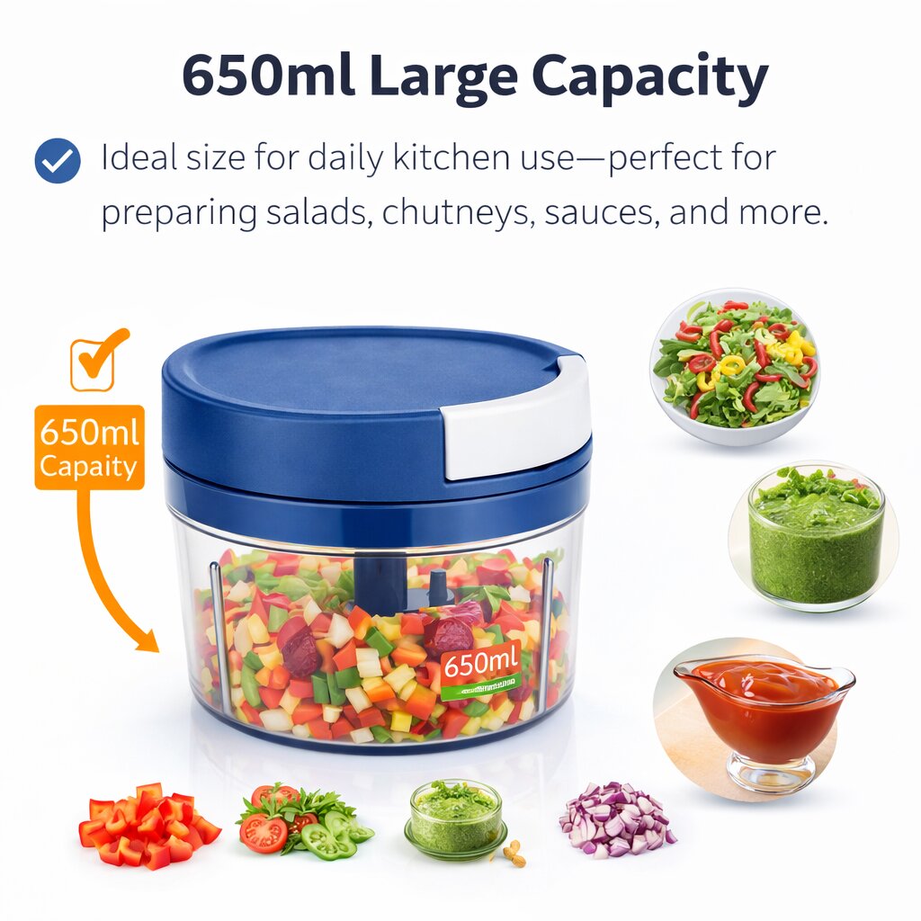 Lazer 650ml Manual Handy Chopper with 3 Stainless Steel Blades | Multipurpose Vegetable & Fruit Cutter for Kitchen (Blue)