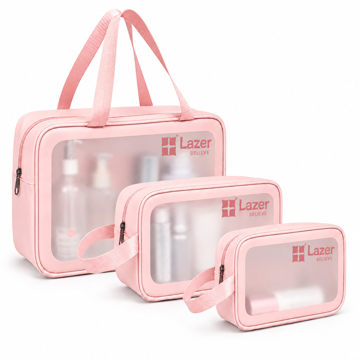 Lazer Makeup Travel Pouch, Cosmetic Bag, Travel kit Pouch for Toiletries, Brushes and Cosmetics - Set of 3 - Washbag Pouch - Pink