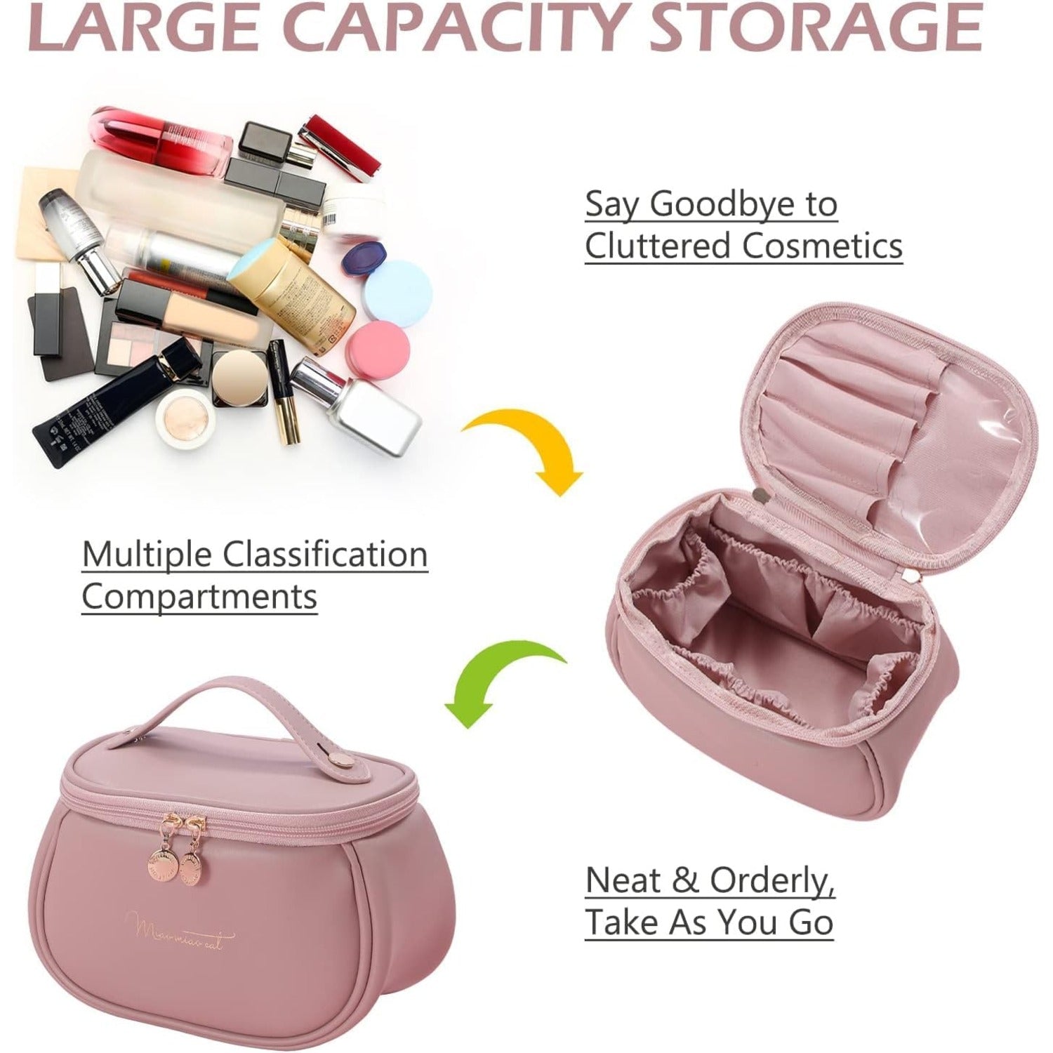 Lazer Portable Travel Makeup Organizer for Women & Girls – Large Capacity PU Leather Cosmetic Storage Bag with Handle, Adjustable Dividers & Brush Compartments, Stylish Toiletry Case (Pink)