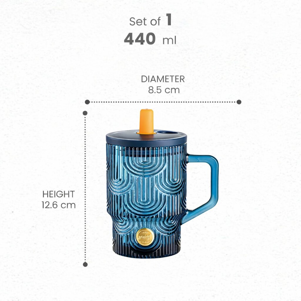 Lazer Reusable Glass Tumbler with Lid & Straw, 440ml Multipurpose Drinking Glass Travel Coffee Sipper Mug for Juice, Smoothies, Iced Tea & Cold Beverages, Dark Blue