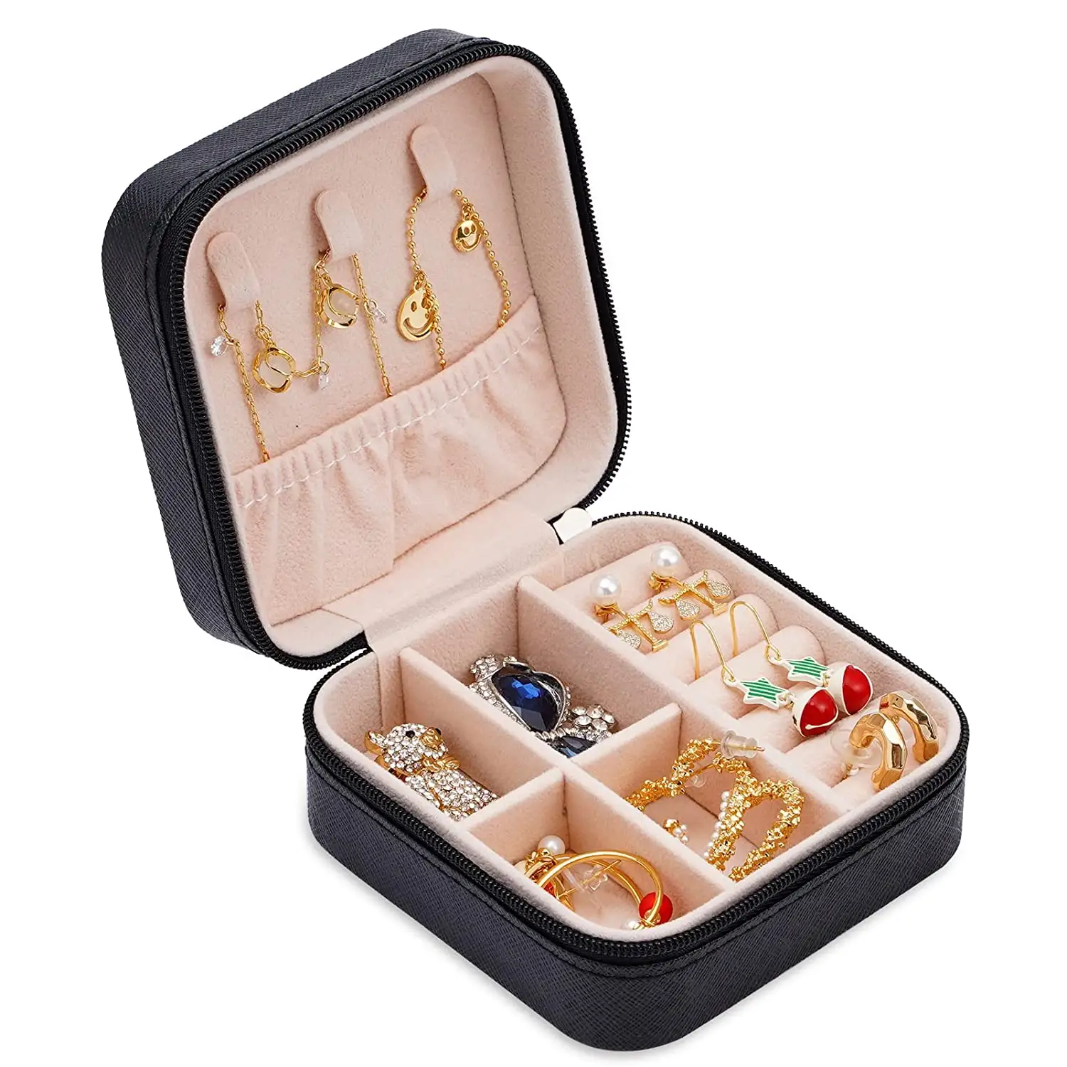Lazer Jewellery Organiser PU Leather Zipper Square Portable Mini Square Storage Box Case with Dividers Container for Rings, Earrings, Necklace Home Organizer