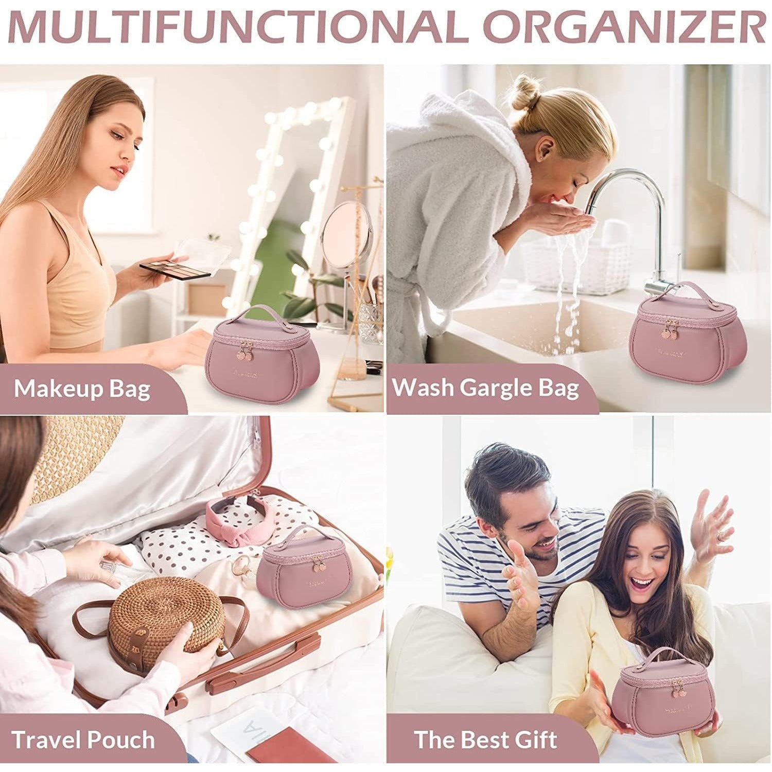 Lazer Portable Travel Makeup Organizer for Women & Girls – Large Capacity PU Leather Cosmetic Storage Bag with Handle, Adjustable Dividers & Brush Compartments, Stylish Toiletry Case (Pink)