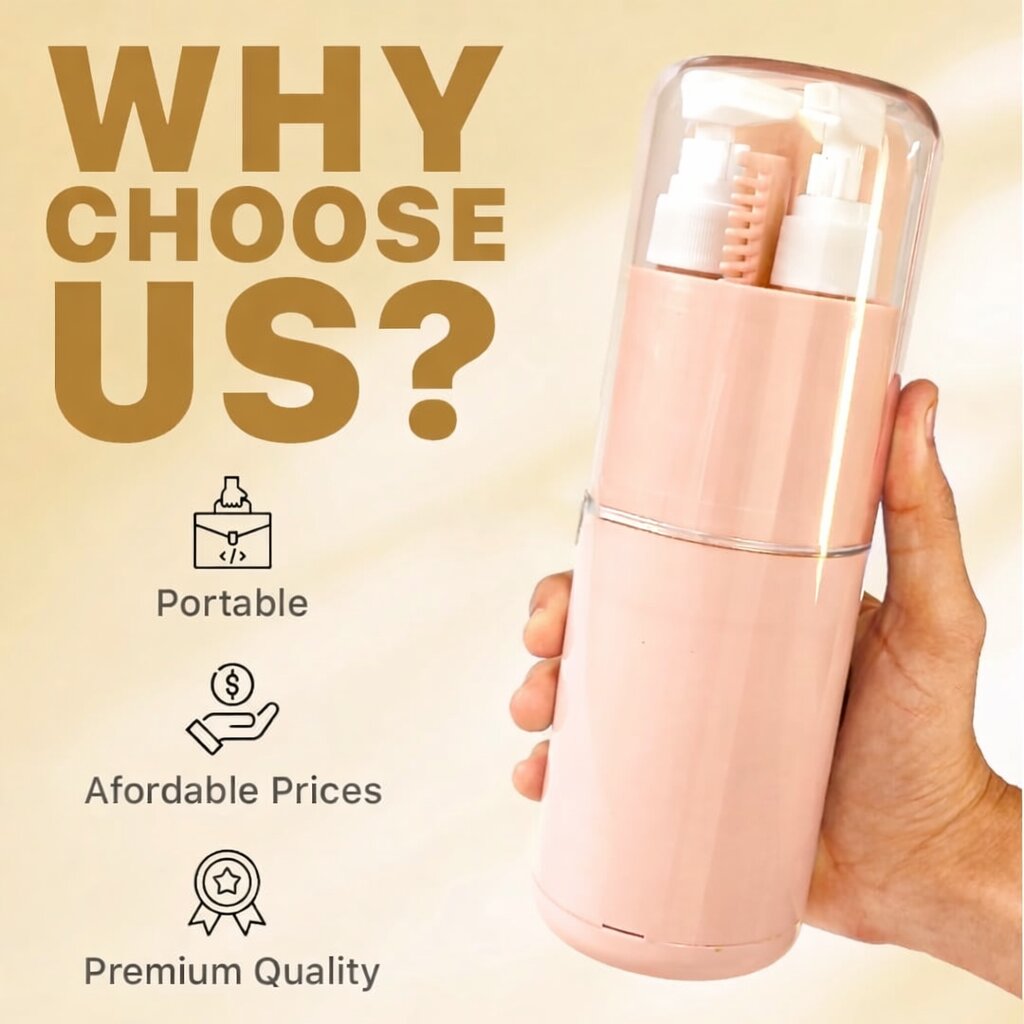Lazer 7 in 1 Travel Kit for Toiletries, Compact Travel Essentials Set with Bottles, Toothbrush Holder & Leakproof Dispensers for Men & Women (Peach)