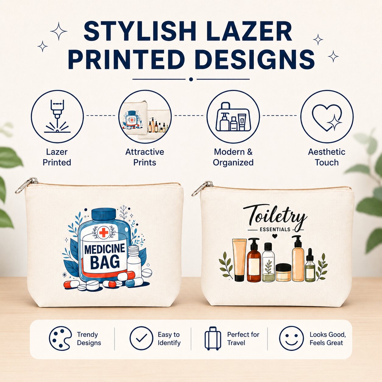 Lazer Printed Cotton Canvas Travel Pouch Set of 2 – Medicine Bag & Toiletry Organizer for Medications, Cosmetics, Toiletries & Daily Essentials