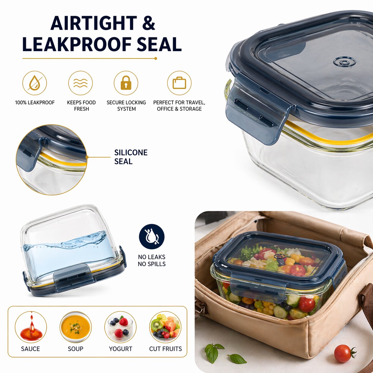 Lazer Glass Lunch Boxes Set of 3 Airtight Leakproof Food Storage Containers (500ml, 800ml, 1200ml) with Locking Lid, Microwave Safe, BPA-Free Meal Prep for Office & Home