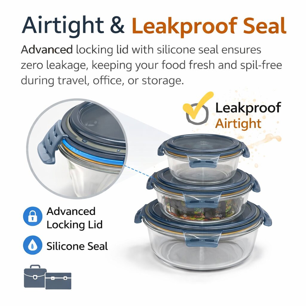 Lazer Glass Lunch Boxes Set of 3 Airtight Leakproof Food Storage Containers (370ml, 630ml, 930ml) with Locking Lid, Microwave Safe, BPA-Free Meal Prep for Office & Home