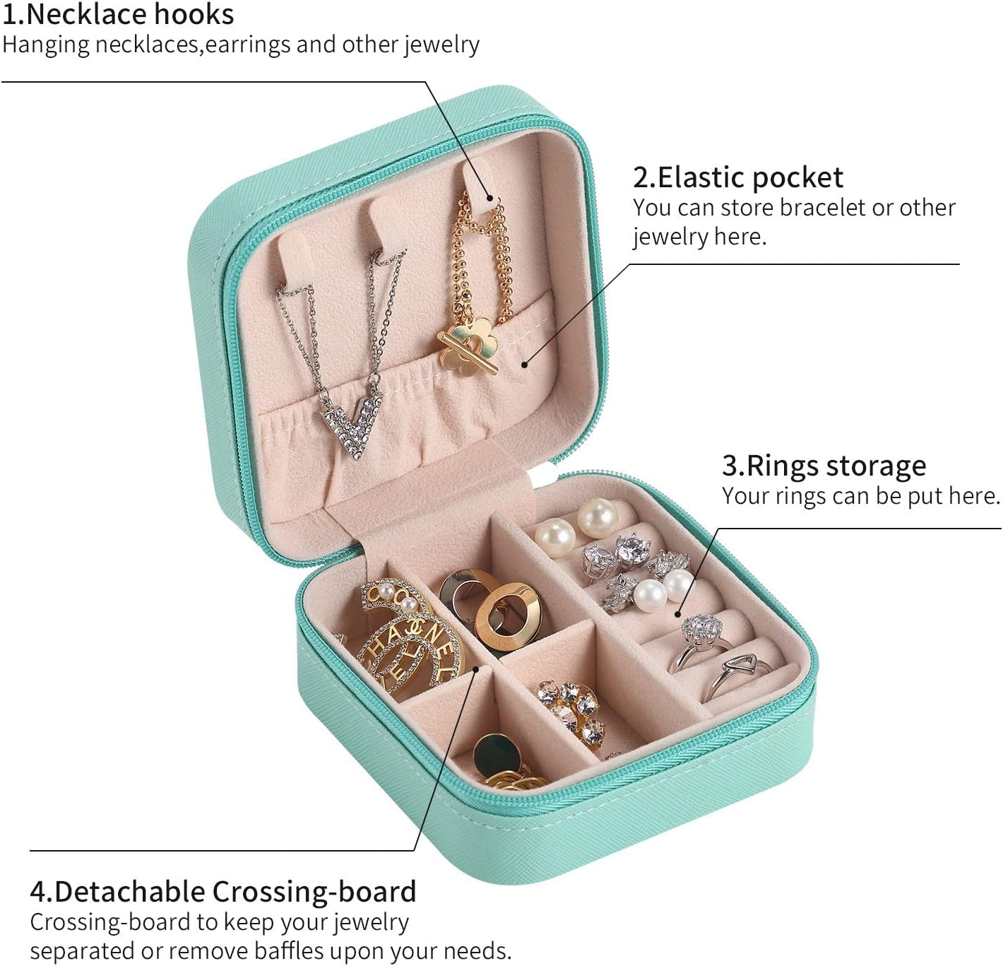 Lazer Jewellery Organiser PU Leather Zipper Square Portable Mini Square Storage Box Case with Dividers Container for Rings, Earrings, Necklace Home Organizer