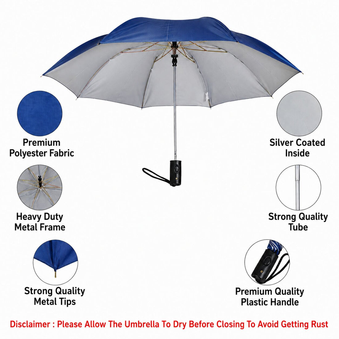 Lazer Shine 2-Fold 42 Inches Umbrella – Auto Open, Waterproof, Windproof, UPF 50+ Sun Protection, Large Compact Umbrella for Men, Women & Kids, Navy Blue