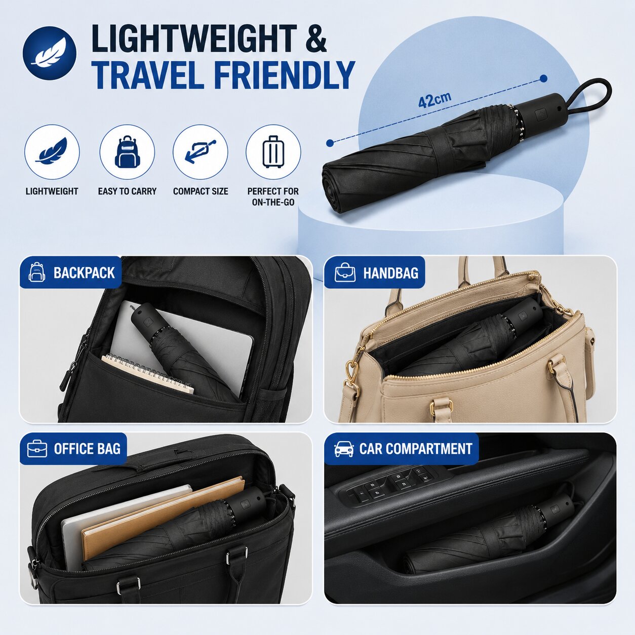 Lazer Shine 2-Fold 42 Inches Umbrella – Auto Open, Waterproof, Windproof, UPF 50+ Sun Protection, Large Compact Umbrella for Men, Women & Kids, Black