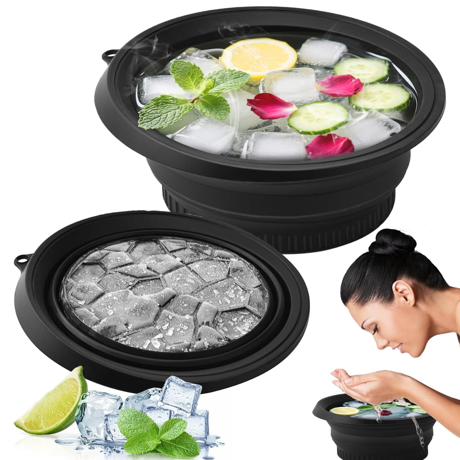 Lazer Silicone Collapsible Face Bowl with Ice Tray, BPA-Free Round Face Bath Bowl for Skincare, Soaking & Washing, Dishwasher Safe (Black, Pack of 1)
