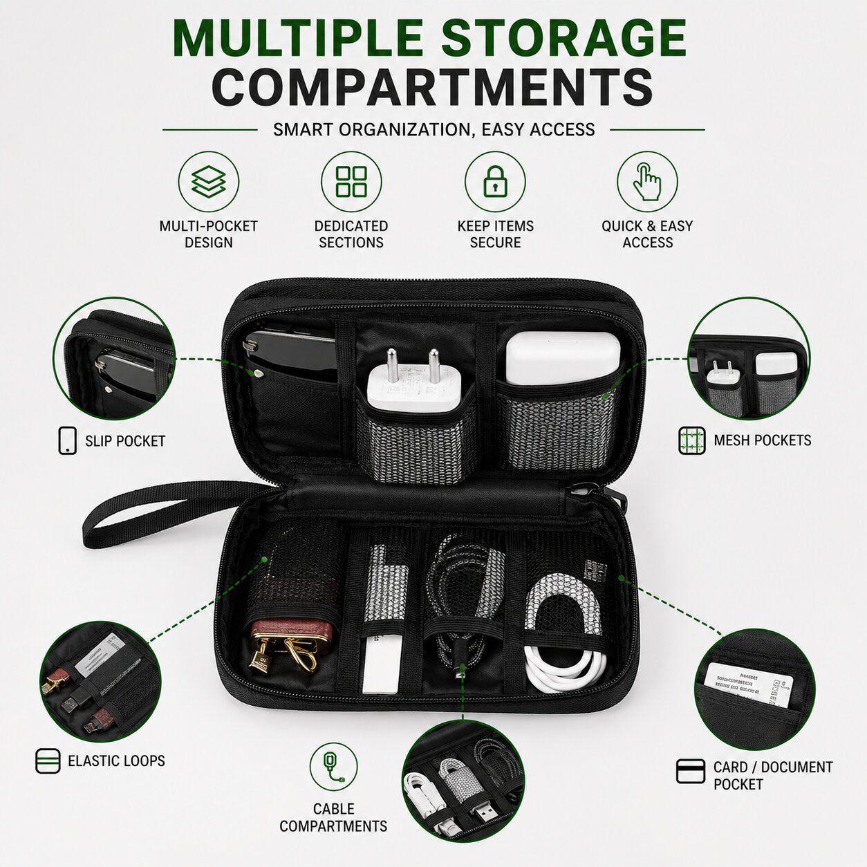 Lazer Travel Organizer Pouch with Wrist Strap, Premium Zippered Storage Case for Passport, Documents, Cables, Gadgets & Accessories, Lightweight Durable Portable Bag (Black)