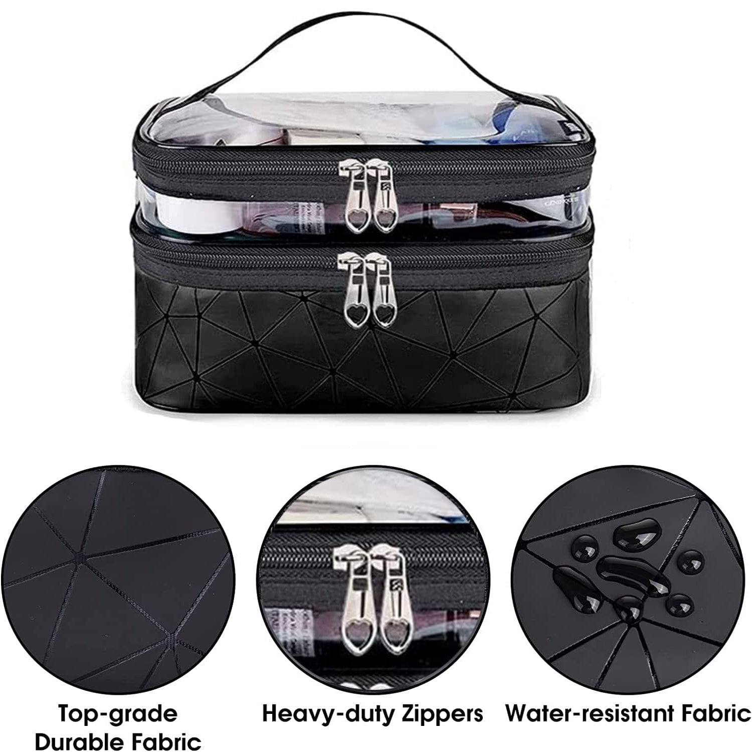 Lazer Double Layer Makeup Bag for Women – Clear Cosmetic Organizer Case, Travel Toiletry & Makeup Storage Pouch, Portable Makeup Organizer (Black)