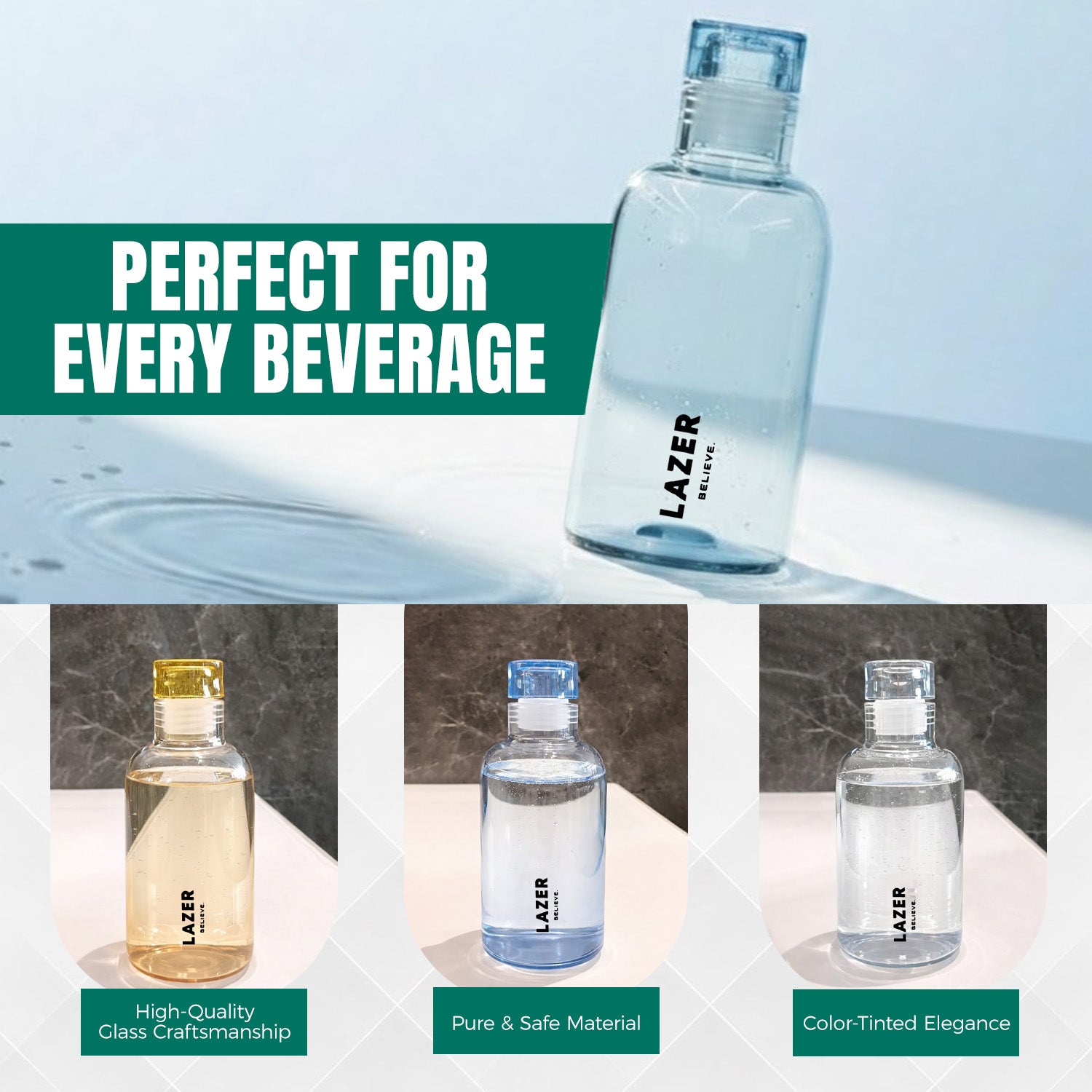 Lazer Pure Borosilicate Glass Water Bottle Set of 4 – 300ml Each, BPA-Free, Eco-Friendly, Leak-Proof & Durable (Transparent, Green, Blue, Yellow)