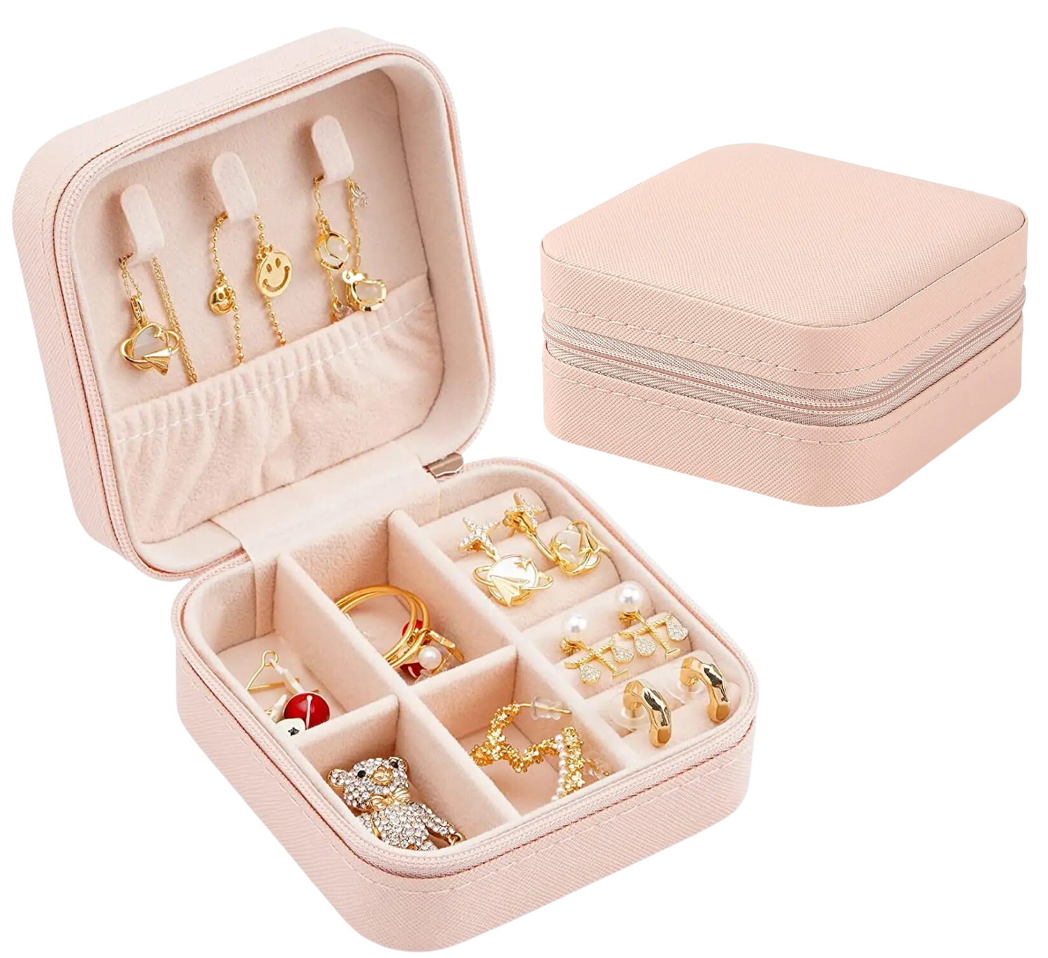 Lazer Jewellery Organiser PU Leather Zipper Square Portable Mini Square Storage Box Case with Dividers Container for Rings, Earrings, Necklace Home Organizer